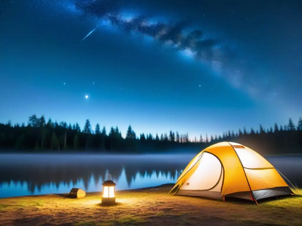 Noches de camping seguras y serenas bajo las estrellas Noche tranquila en el camping con tienda iluminada y estrellas brillantes en el cielo