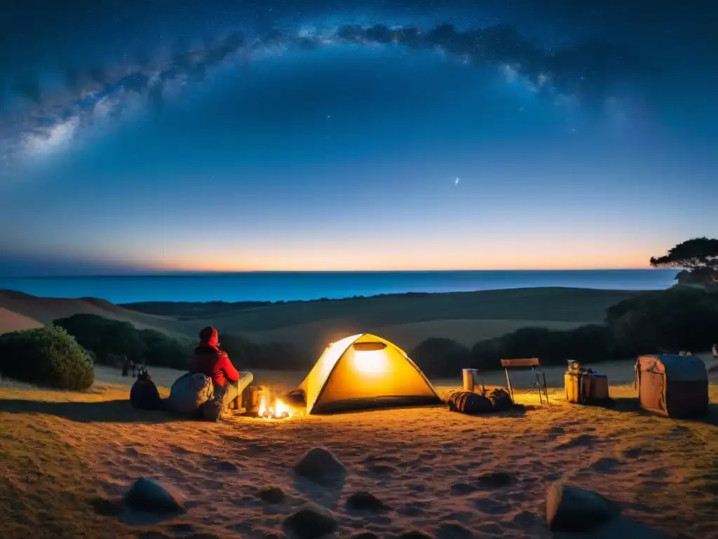 Noche acogedora en campamento en Uruguay: fogata, mate y estrellas Noches cálidas en campamento en Uruguay con bebidas calientes y fogata, bajo un cielo estrellado