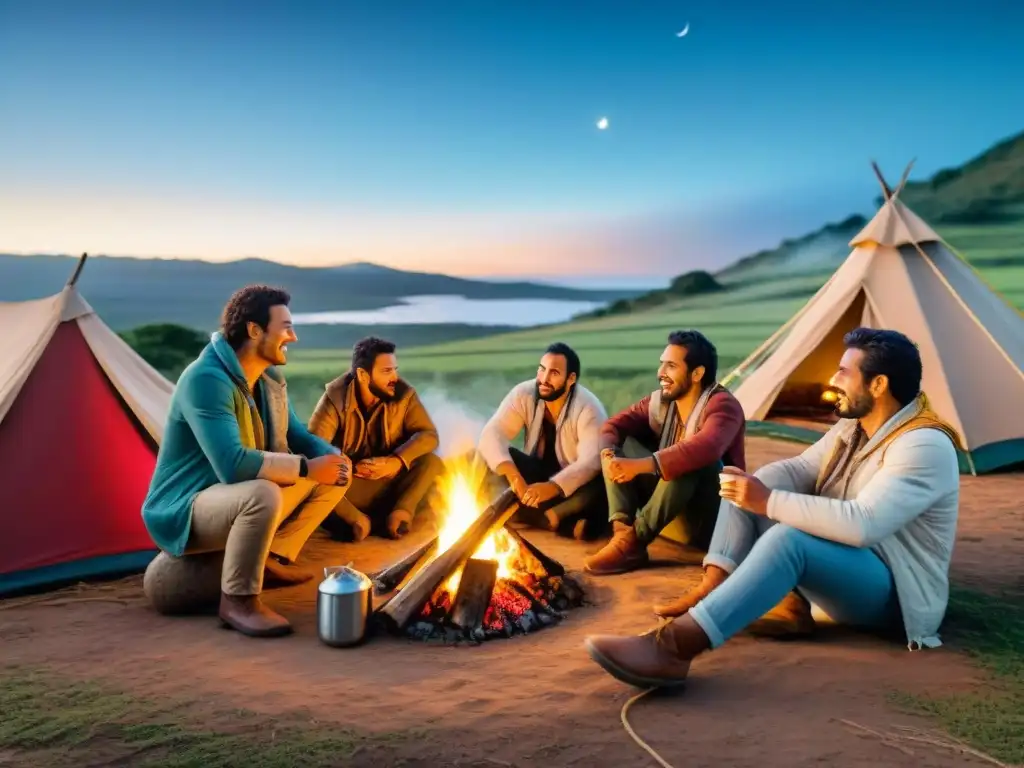 Campamento uruguayo: mate, fogata y comunidad Noches de campamento en Uruguay: turismo sostenible entre amigos disfrutando del mate alrededor de la fogata bajo un cielo estrellado