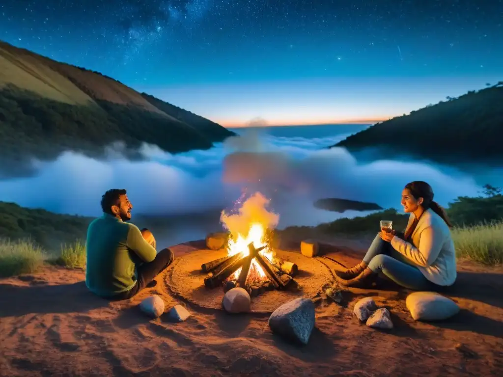 Noches mágicas en el bosque: amigos alrededor de la fogata en Uruguay Noches de desconexión digital en Uruguay: Amigos alrededor de fogata en bosque estrellado, compartiendo risas y momentos especiales