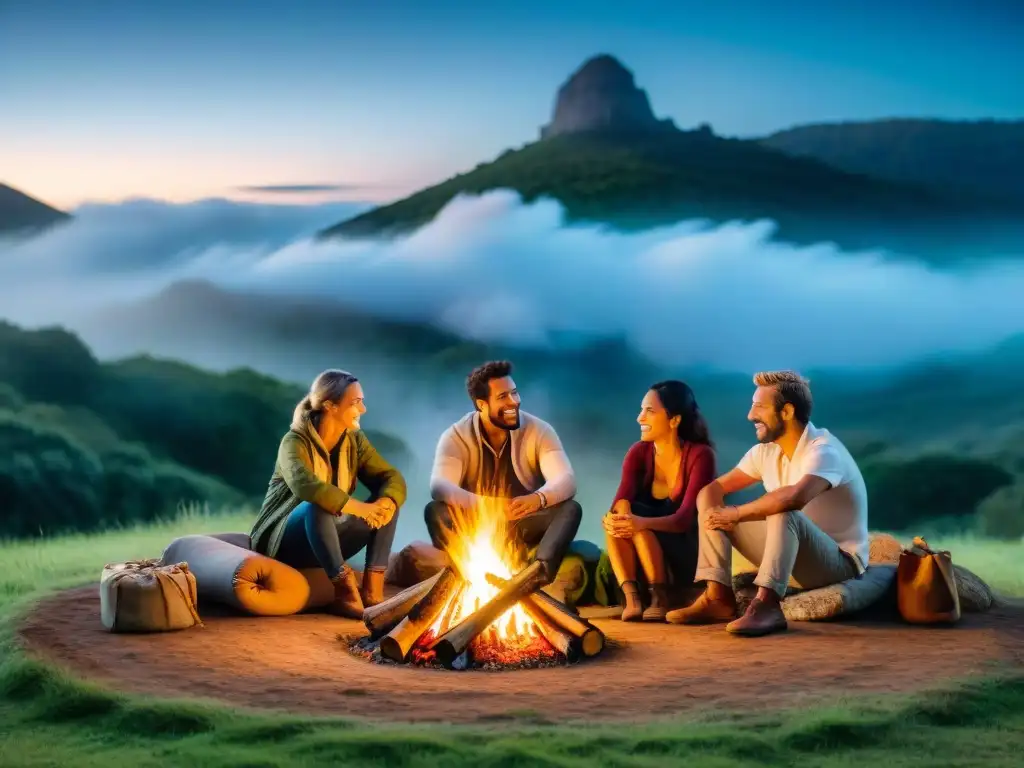Convivencia nocturna en el bosque de Uruguay Noches de desconexión digital en Uruguay: Grupo diverso disfruta de fogata en el bosque, creando lazos y momentos inolvidables