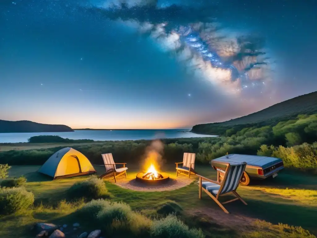 Camping bajo las estrellas en Uruguay: serenidad y naturaleza Noches estrelladas en un tranquilo campamento en Uruguay con fogata y reseñas campings Uruguay influencia elección