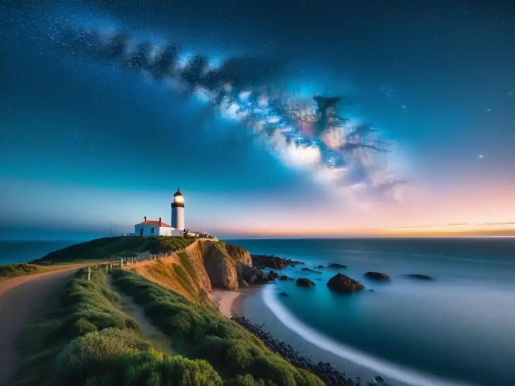 Espectacular cielo estrellado sobre la costa serena de Uruguay Fotografía nocturna en Uruguay: un cielo estrellado sobre la costa, con la Vía Láctea en el horizonte y la luz de un faro a lo lejos