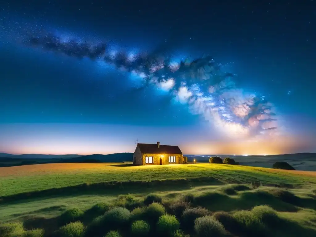 Espectacular noche estrellada en Uruguay: Casa rural bajo la Vía Láctea Fotografía nocturna en Uruguay: Noche estrellada sobre rancho tradicional iluminado por la Vía Láctea
