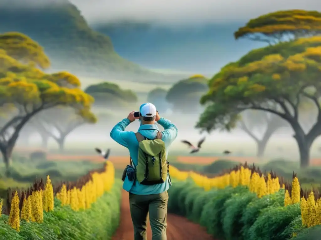 Apasionado observador de aves en Uruguay: Naturaleza vibrante Un novato observador de aves en Uruguay con binoculares, guía, cuaderno y cámara, rodeado de diversidad de aves