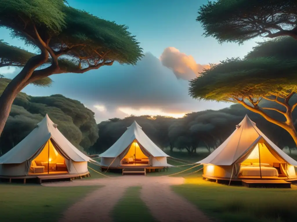 Glamping de lujo en Uruguay: atardecer mágico entre la naturaleza Un oasis de glamping al atardecer en Uruguay, con tiendas elegantes entre vegetación exuberante y una cálida luz dorada filtrándose entre los árboles