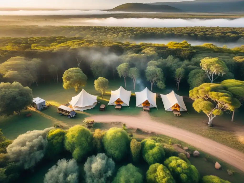Lujo y tranquilidad en exclusivo campamento safari en Uruguay Un oasis secreto: camping exclusivo en Uruguay con tiendas safari de lujo entre árboles altos al atardecer