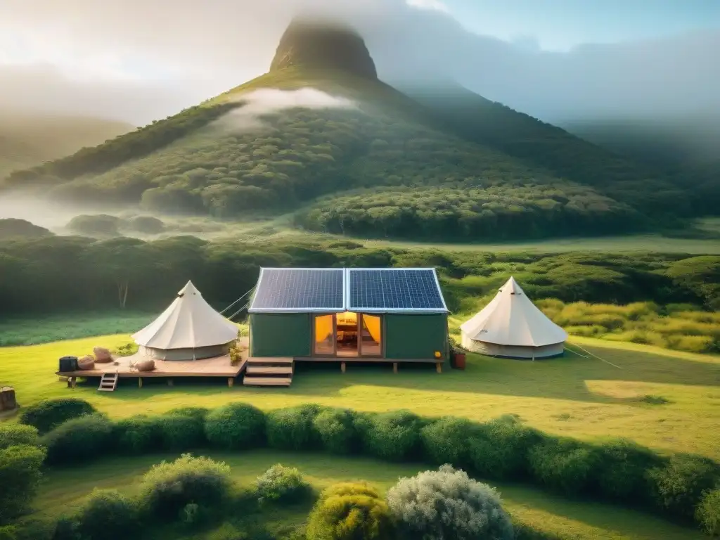 Glamping sostenible en Uruguay: lujo eco en la naturaleza Un oasis sostenible de glamping en Uruguay, con huéspedes disfrutando de actividades al aire libre