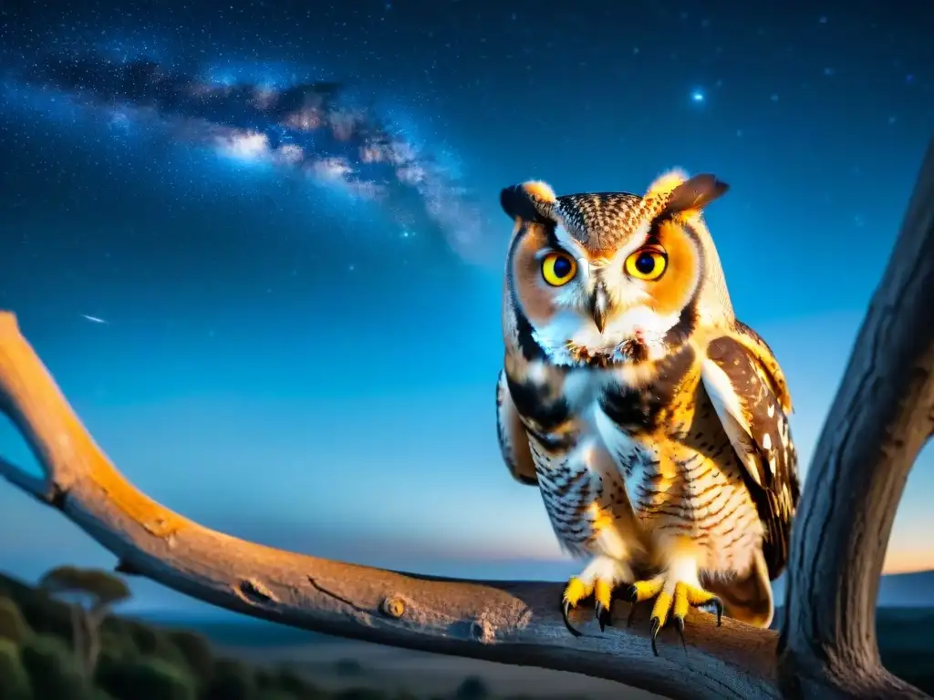 Owl nocturno en la naturaleza uruguaya Observación de aves nocturnas en Uruguay: Binoculares enfocan un búho majestuoso posado en rama bajo cielo estrellado y Vía Láctea