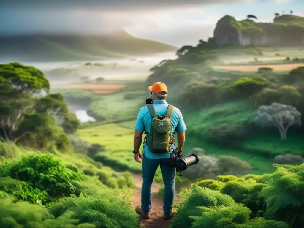 Explorador de aves en Uruguay: descubriendo la naturaleza Observador de aves novato en Uruguay con equipamiento completo, rodeado de naturaleza vibrante y aves coloridas