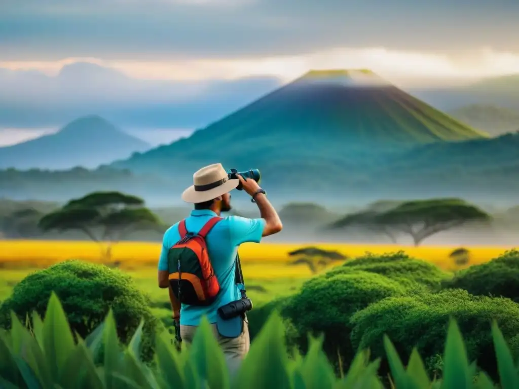 Novato observador de aves en Uruguay: descubriendo la naturaleza Un observador de aves novato en Uruguay, rodeado de naturaleza y coloridas aves, equipado con binoculares y guía de campo