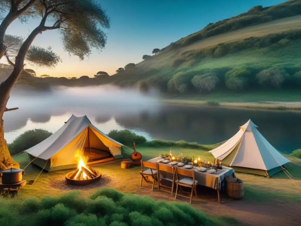 Campamento vintage en Uruguay: historia y tradición Origen del camping en Uruguay: Campamento vintage a orillas de un río, con campistas del siglo XX en actividades tradicionales