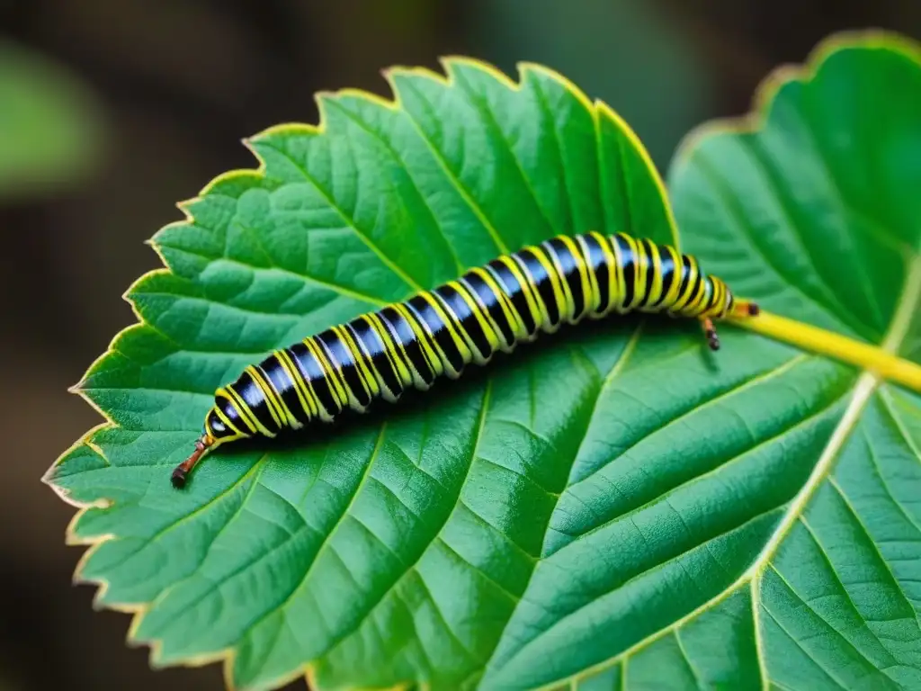 Macrofoto vibrante de oruga rayada en hoja de jungla en Uruguay Una oruga rayada verde y negra en una hoja de la densa selva uruguaya