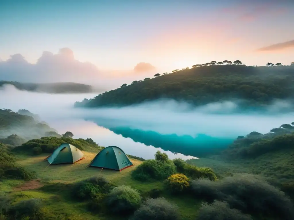 Campamento sostenible al amanecer en Uruguay Paisaje de acampada sostenible en Uruguay al amanecer, con productos esenciales camping ecológicos