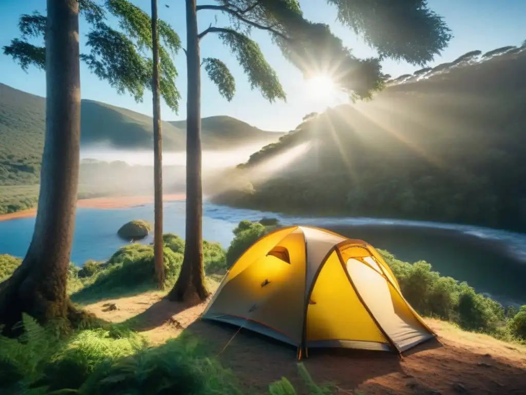 Escena salvaje en Uruguay: campamento en el bosque Un paisaje agreste en Uruguay con un denso bosque, río cristalino y campistas armando una tienda