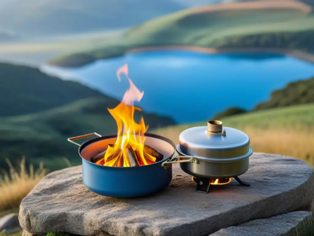 Estufa de camping portátil en Uruguay: cocinando al aire libre Un paisaje de camping en Uruguay con cocina portátil, olla en fuego azul y naturaleza serena