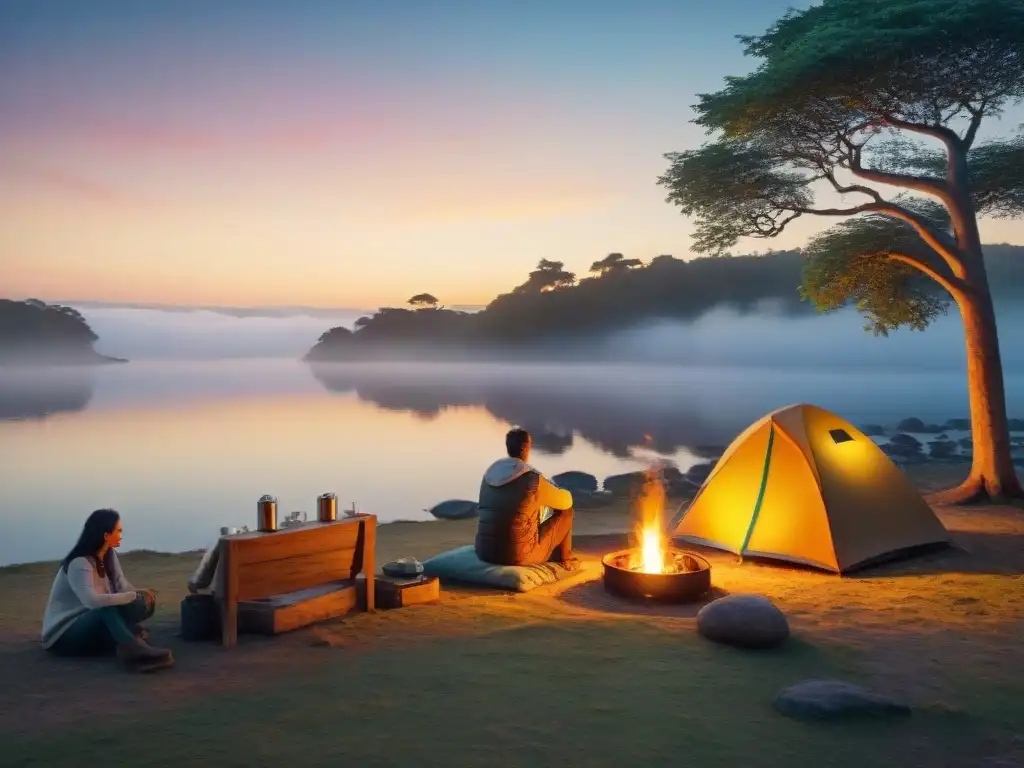 Campamento al atardecer en Uruguay: amigos, risas y fogata Paisaje de camping digital en Uruguay al atardecer, con amigos alrededor de una fogata y una tienda de campaña acogedora