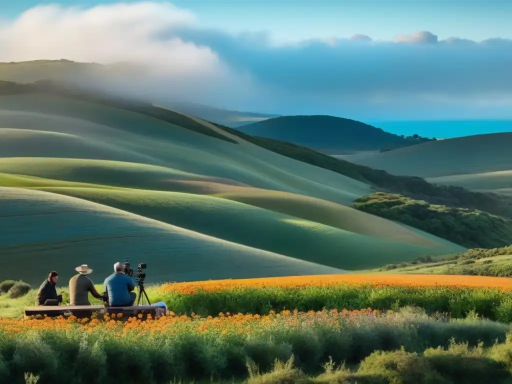 Filmmakers en la naturaleza: rodaje en los campos de Uruguay Un paisaje exuberante de Uruguay con cineastas preparando escena al aire libre