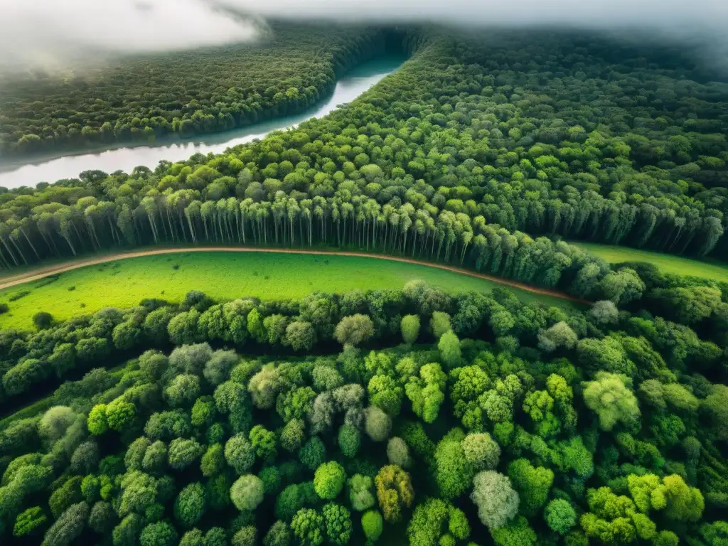 Esplendor verde: bosques de Uruguay desde el aire Un paisaje impresionante de bosques verdes en Uruguay con un río serpenteante, sol filtrándose entre las hojas y diversa flora y fauna