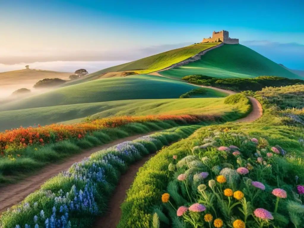 Vibrante paisaje de colinas verdes y cultura indígena en Uruguay Un paisaje impresionante de las colinas verdes de Uruguay con cultura indígena en camping