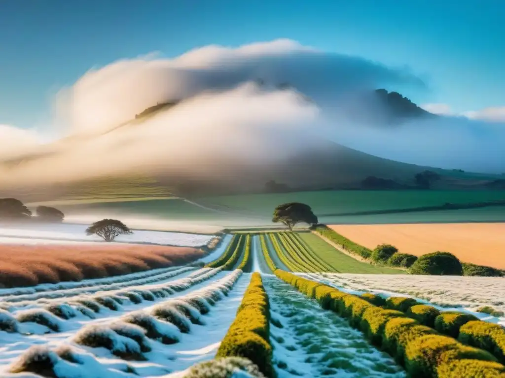 Paisaje invernal sereno en Uruguay: campo nevado y colinas Un paisaje invernal sereno en Uruguay, con un campo nevado y colinas al fondo bajo un cielo azul