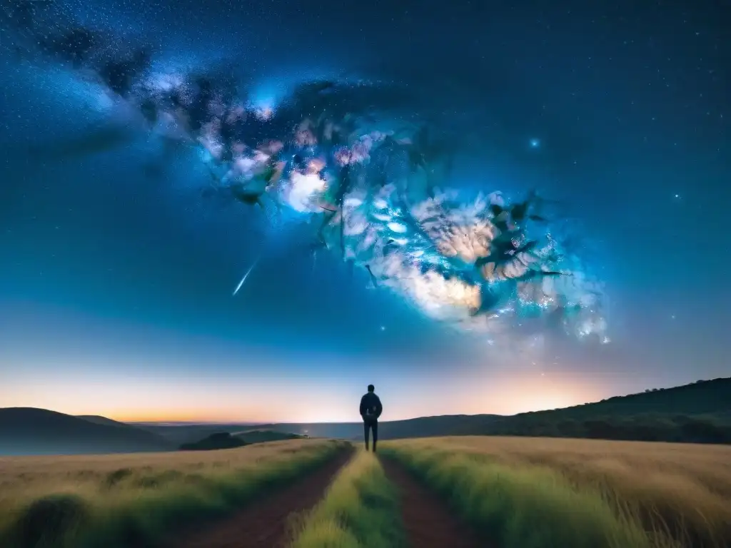 Escena celestial: Noche estrellada en el campo uruguayo Un paisaje nocturno espectacular en Uruguay con la Vía Láctea, fotógrafo capturando la magia