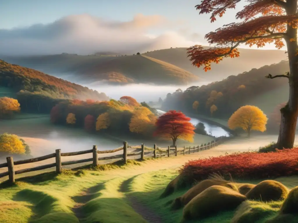 Autumn en el campo uruguayo: paisaje sereno en 8k Un paisaje otoñal uruguayo sereno con un río serpenteante y cercas de madera cubiertas de musgo