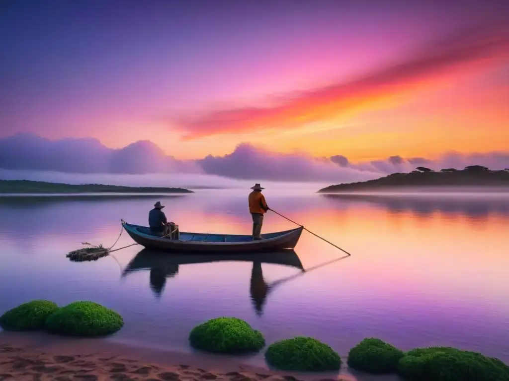 Puesta de sol en Laguna Garzón: pesca y serenidad Paisaje sereno al atardecer en Laguna Garzón, reflejos de colores vibrantes y pescador lanzando red