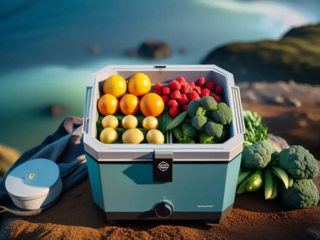 Campamento en Uruguay: Deshidratador en uso al atardecer Paisaje sereno de campamento en Uruguay al anochecer con técnicas de deshidratación para camping