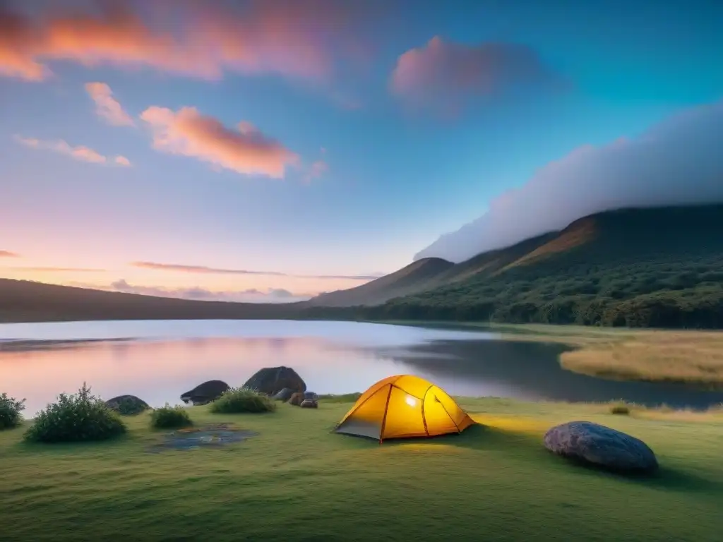 Atardecer sereno en campamento en Uruguay: lago refleja el ocaso Paisaje sereno en camping de Uruguay al anochecer con lago tranquilo reflejando atardecer, campistas y vegetación exuberante