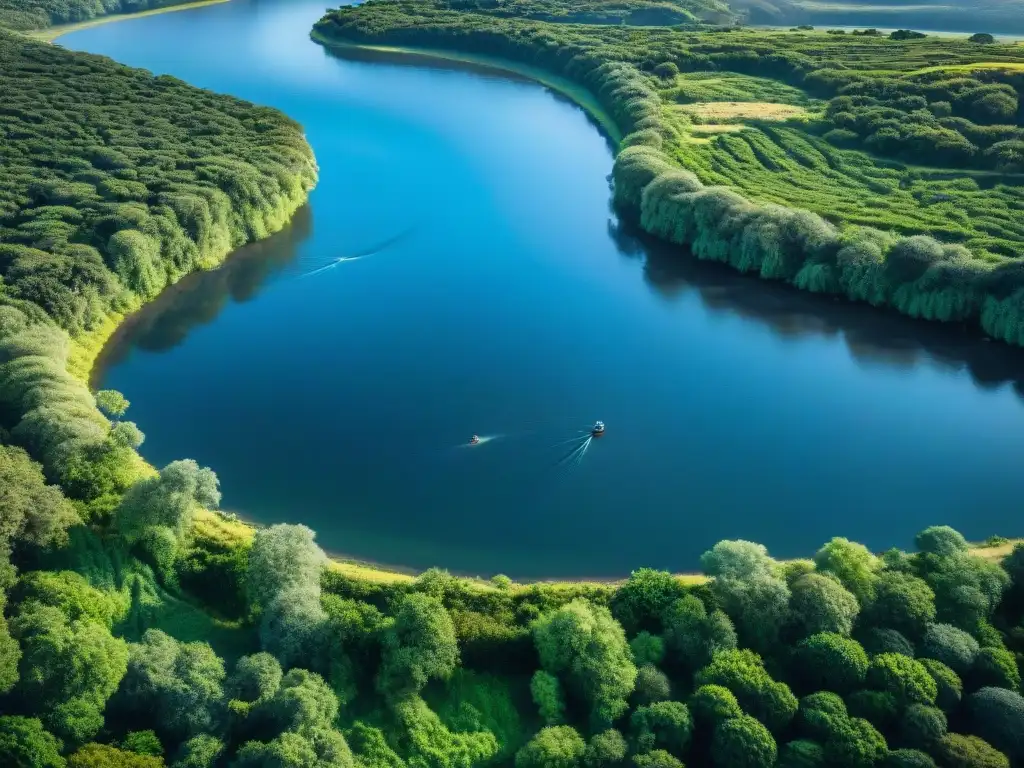 Paisaje sereno: pescadores en el río de Uruguay Paisaje sereno de un río en Uruguay, pescadores lanzando sus líneas bajo el cielo azul