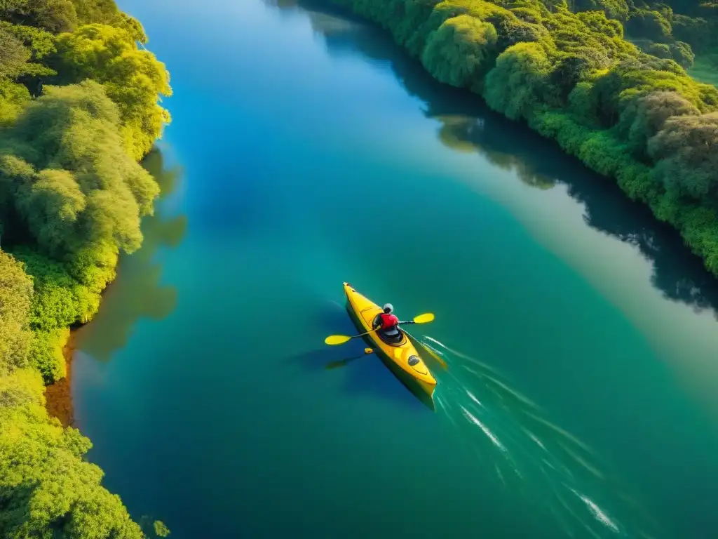 Kayak solitario en río sereno: aventura en Uruguay Un paisaje sereno con un río, kayak solitario y verde exuberante