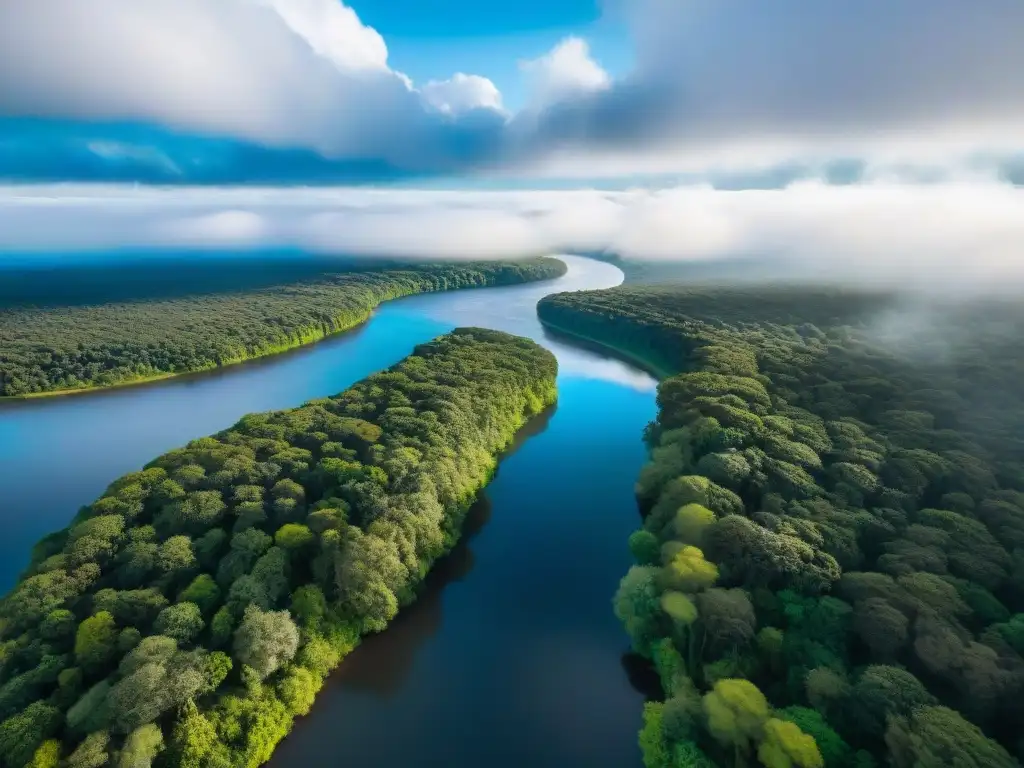 Espléndida vista aérea de la naturaleza virgen en Uruguay Paisaje uruguayo preservación belleza camping, bosque verde y río cristalino bajo cielo azul