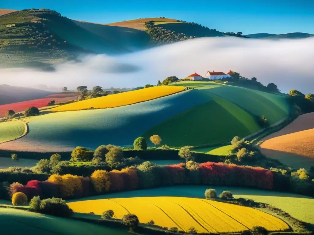 Espléndidos colores otoñales en Uruguay: imagen 8K de colinas y granjas Fotografía de paisajes otoño en Uruguay: colinas, granjas y ganado bajo un cielo azul vibrante