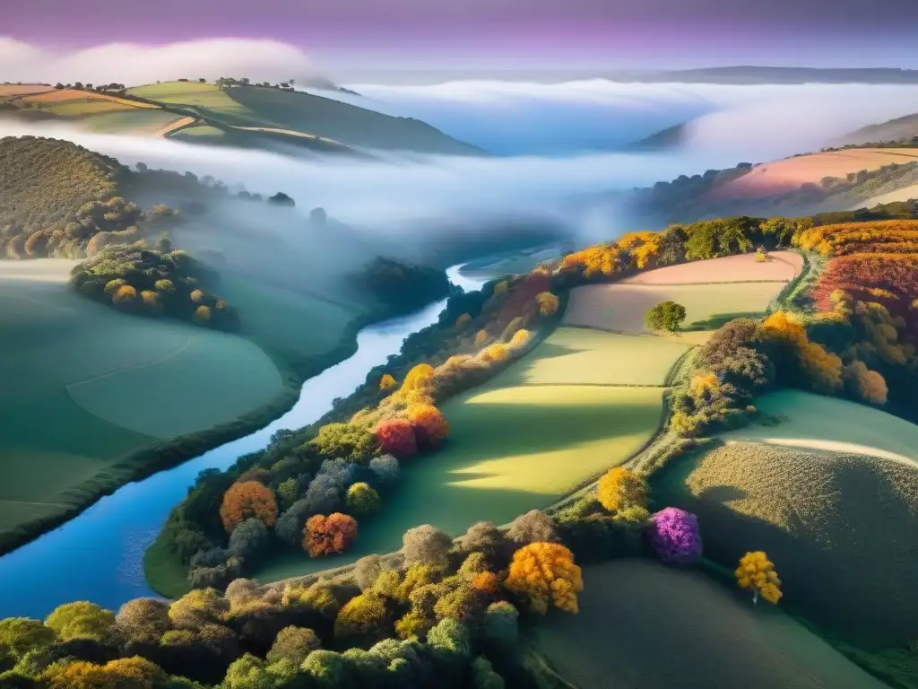 Espléndido atardecer otoñal en colinas uruguayas Fotografía de paisajes de otoño en Uruguay: colinas ondulantes, río serpenteante y atardecer colorido