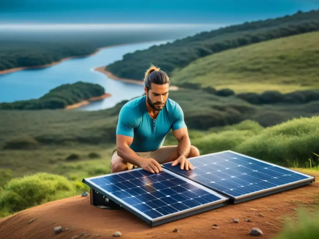 Camper sostenible instalando panel solar en Uruguay Camper en Uruguay montando panel solar en camping sostenible rodeado de naturaleza