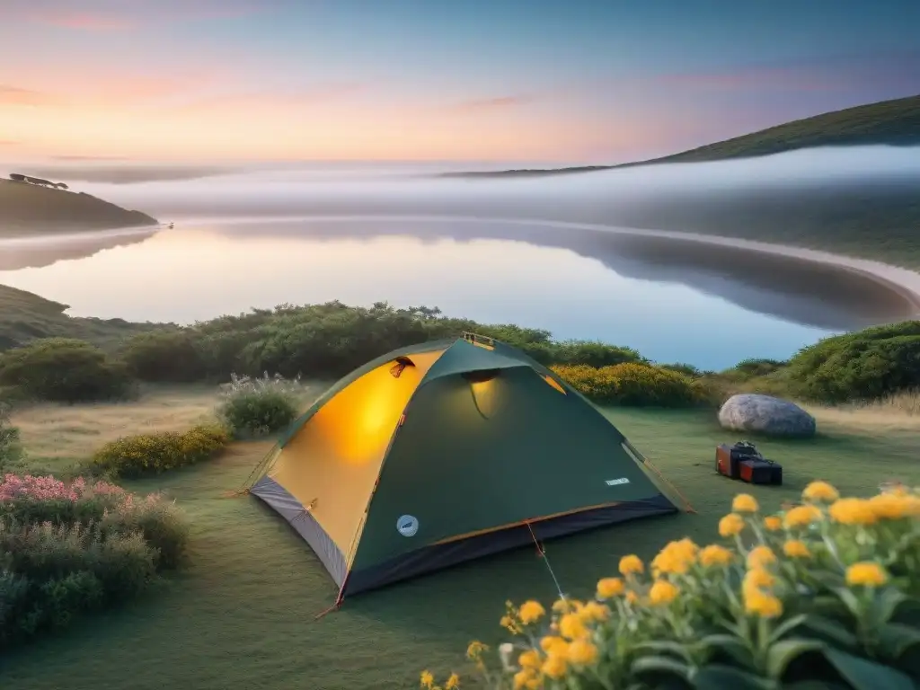 Espléndido amanecer en campamento uruguayo Paquetes de camping en Uruguay: Amanecer mágico en un campamento tranquilo junto al lago, rodeado de naturaleza exuberante y paz