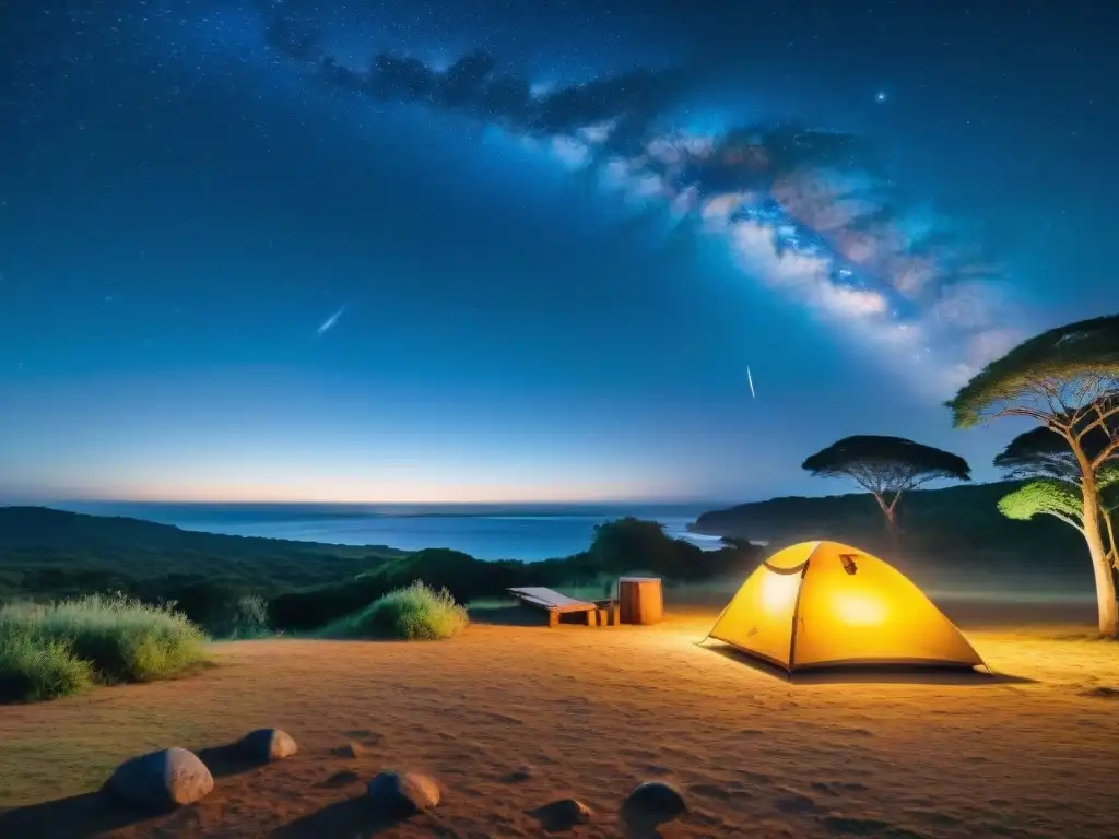 Campamento sereno bajo estrellas en Uruguay Paquetes camping Uruguay equilibrio: Noche de camping serena con fogata bajo un cielo estrellado y acogedor campamento iluminado