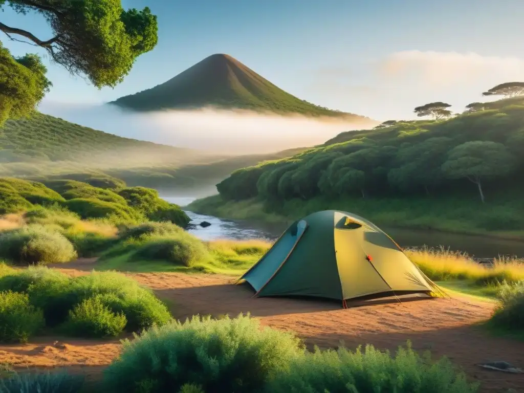 Campamento sereno en Uruguay: naturaleza y aventura Paquetes camping Uruguay equilibrio: Escena serena en campamento con tienda entre árboles verdes y arroyo tranquilo al atardecer