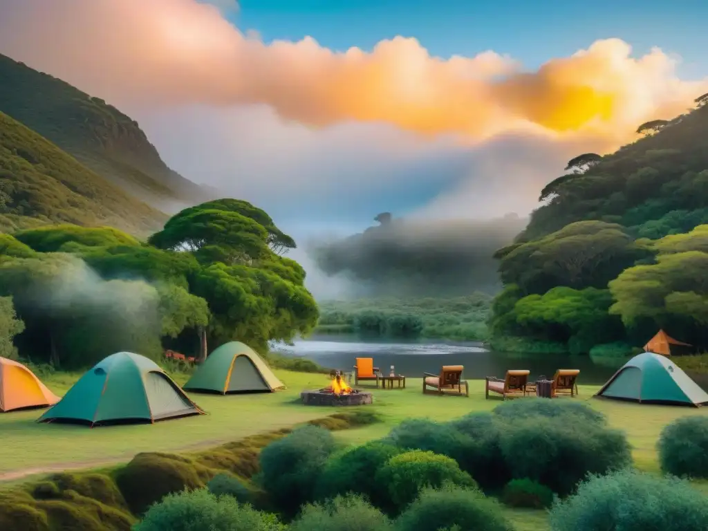 Campamento ecológico en Uruguay: sostenibilidad en la naturaleza Paquetes ecológicos camping Uruguay: Campamento sostenible en la naturaleza uruguaya al atardecer