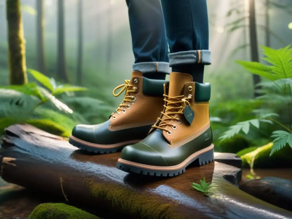 Botas impermeables en bosque místico Un par de botas impermeables para camping en Uruguay, cubiertas de barro, rodeadas de vegetación exuberante en un bosque neblinoso