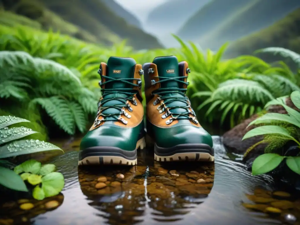 Botas de senderismo impermeables en Uruguay Un par de botas impermeables para camping en Uruguay, cubiertas de gotas de agua, en un bosque verde exuberante