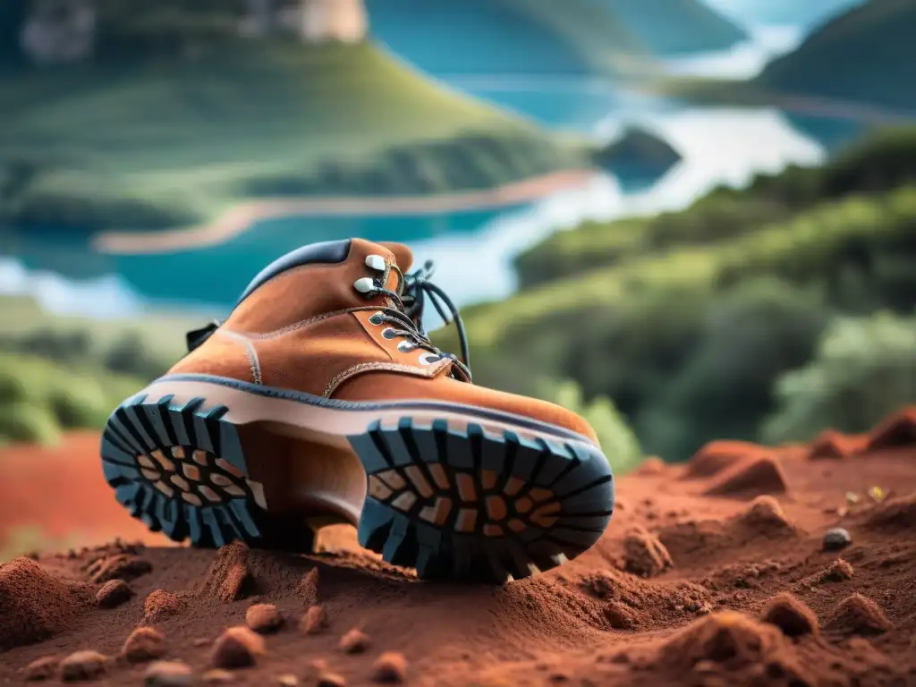 Botas de trekking en Uruguay: durabilidad y aventura Un par de botas de trekking cubiertas de barro rojo, rodeadas de vegetación exuberante y montañas escarpadas bajo un cielo azul