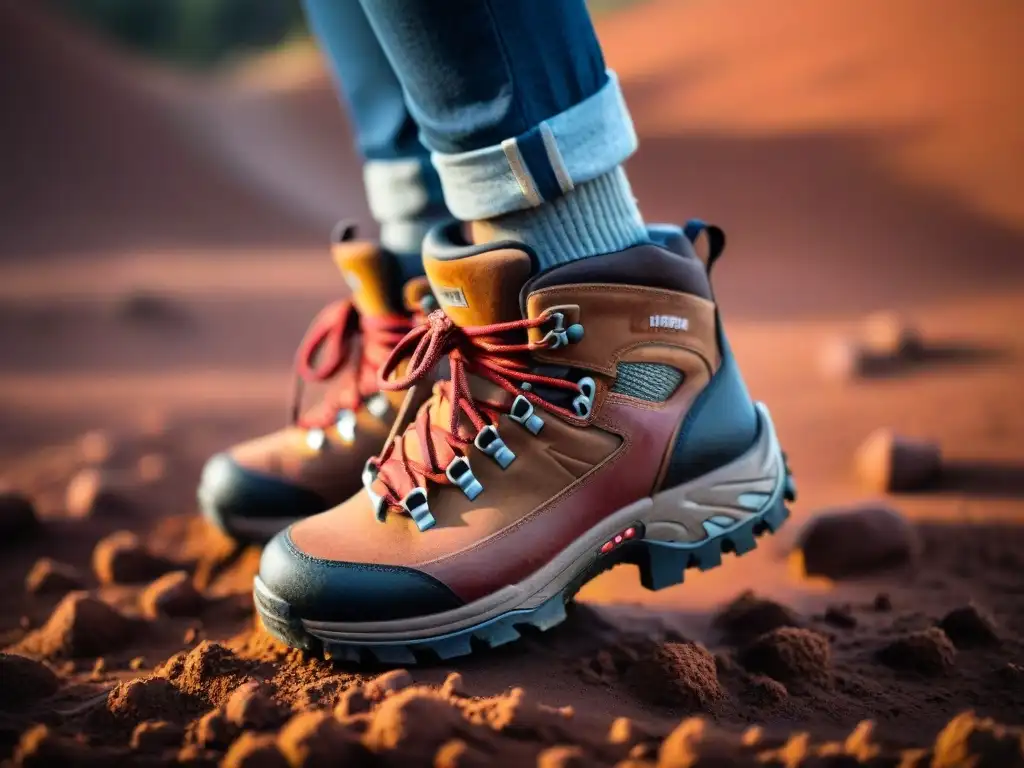 Botas de senderismo en barro rojo de Uruguay: detalle ultrafino Un par de botas de trekking cubiertas de barro rojo, detalladas y desgastadas, perfectas para explorar Uruguay