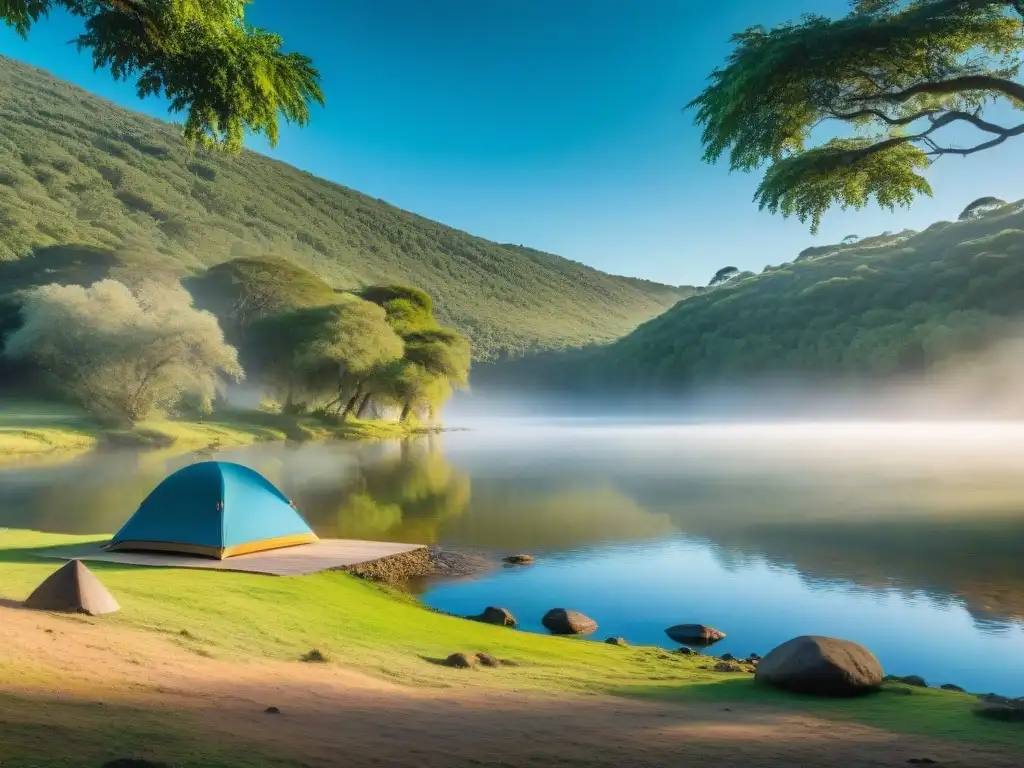 Campamento junto al río en Uruguay: naturaleza y serenidad Un paraíso de camping en Uruguay cerca de ríos: tiendas en un verde paisaje junto a un río sereno y cristalino