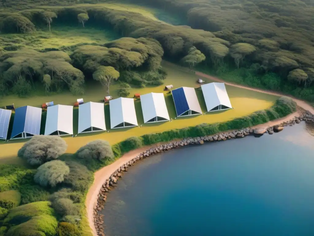 Campamento ecológico en Uruguay: Naturaleza y turismo responsable Un paraíso ecoamigable en Uruguay: campamento sostenible con equipos ecoamigables y visitantes disfrutando de la naturaleza