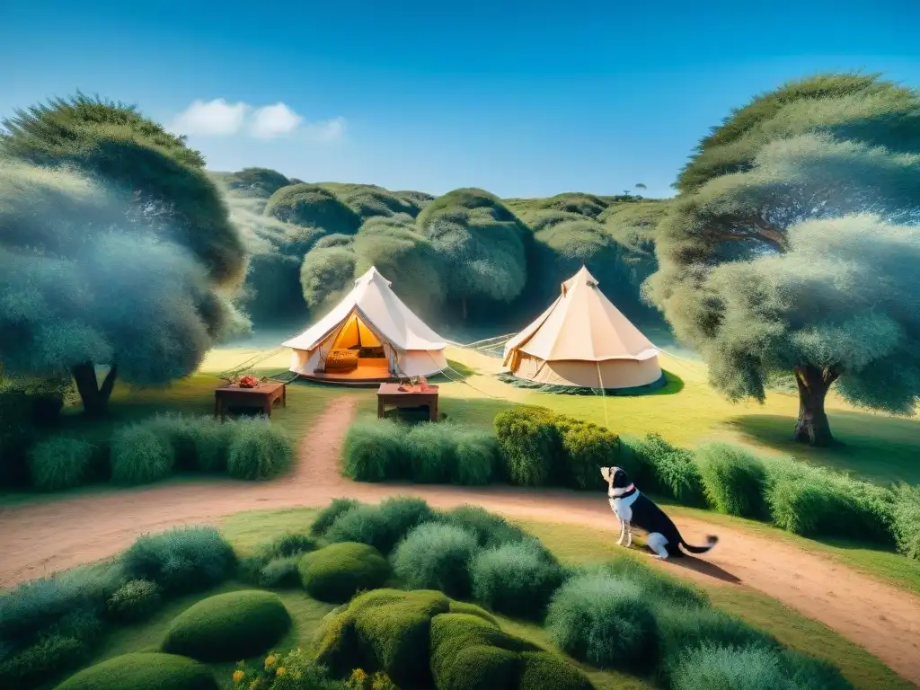 Glamping de lujo en Uruguay: tiendas en la naturaleza con perros felices Un paraíso petfriendly de glamping en Uruguay: lujosas tiendas rodeadas de vegetación, cielo azul y perros felices