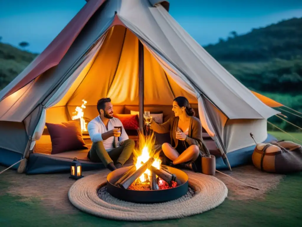 Experiencia de glamping de lujo en Uruguay bajo las estrellas Una pareja disfruta de un lujoso glamping en Uruguay, junto a una fogata bajo el cielo estrellado y tiendas iluminadas