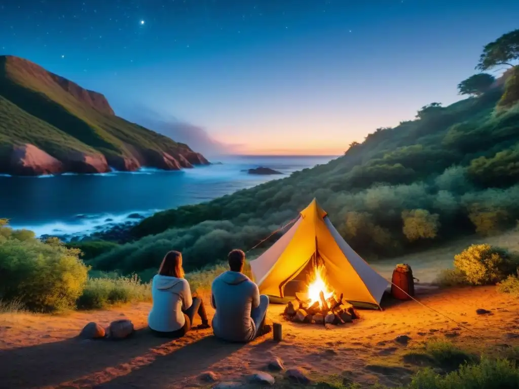 Romántica velada bajo las estrellas en camping remoto en Uruguay Una pareja disfruta de un romántico campamento en Uruguay, bajo un cielo estrellado y acogedor fuego, rodeados de naturaleza