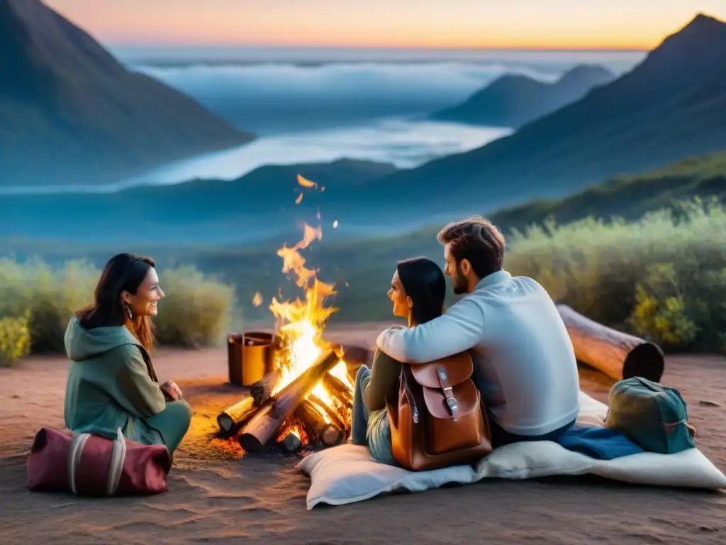 Romance alrededor de la fogata en Uruguay Una pareja comparte un tierno momento junto a una fogata al anochecer en un camping de Uruguay